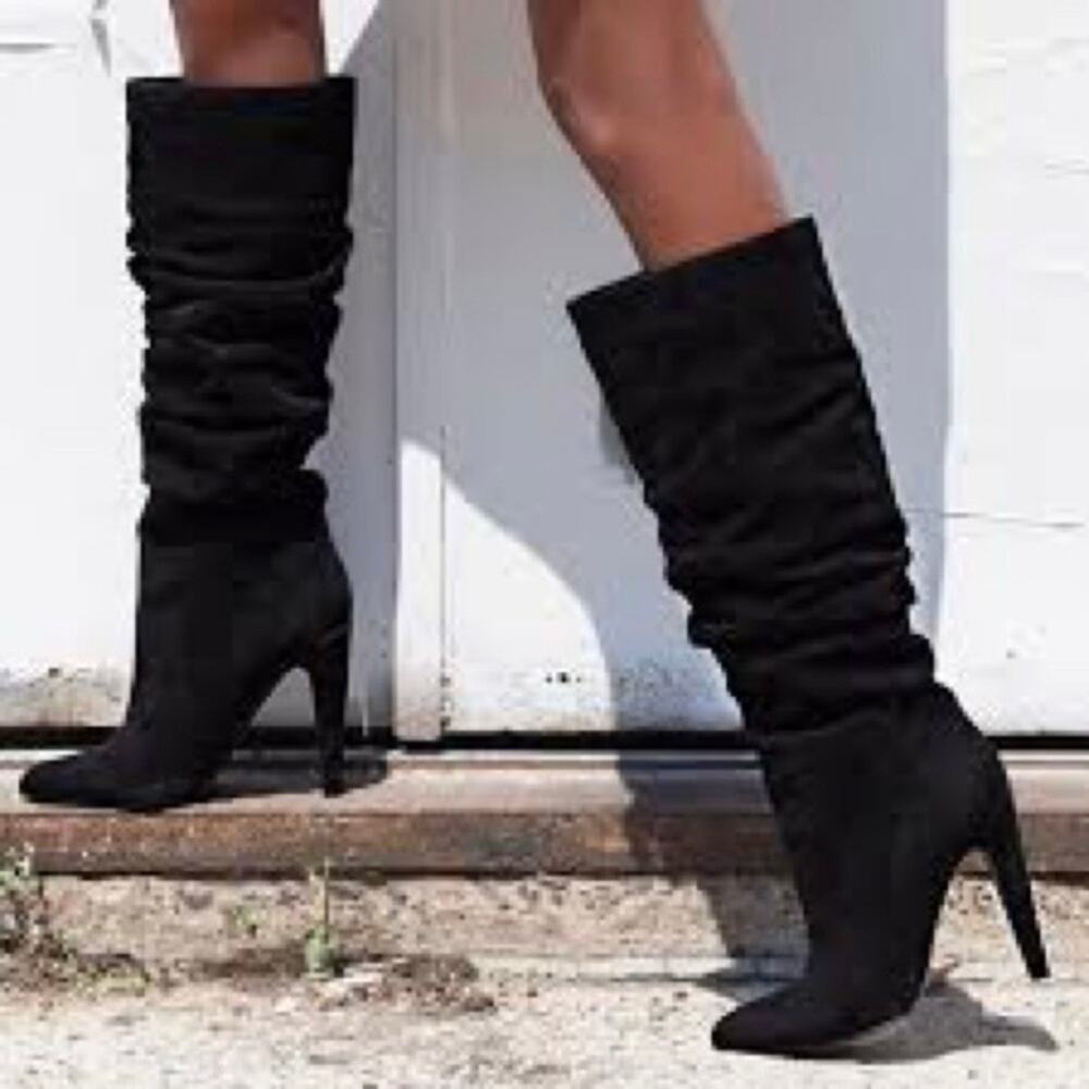 Steve Madden Carrie Slouchy Knee High Heel Black Suede Leather Boots Size 6